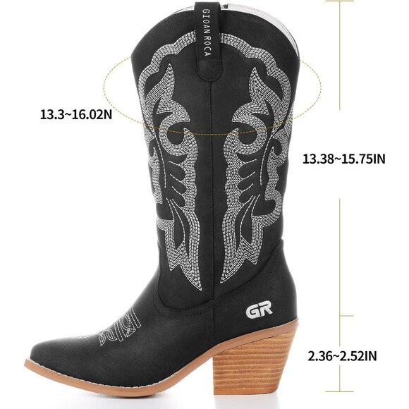 ⚡Women's Black Embroidered Fashion Western Pointed Toe Chunky Heel Pull On - Picture 3 of 5